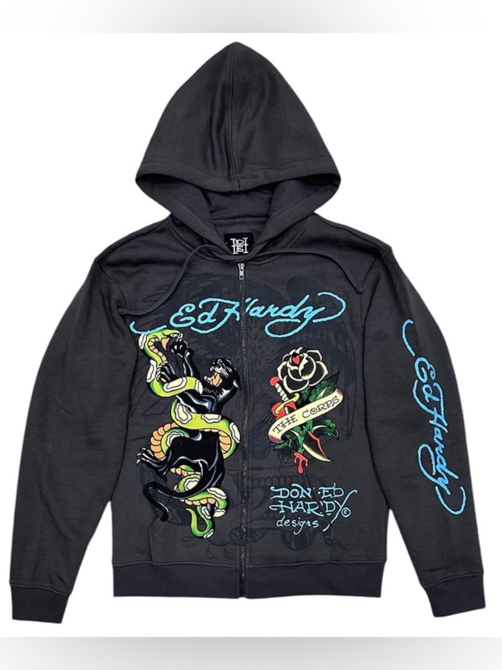 Ed Hardy Snake Panther Tattoo Zip Hoodie Charcoal | Size XL | Y2K